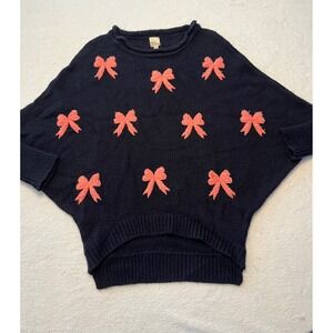 Cover Stitched Navy Blue‎ Sweater Coral Bows Knit Women's Size M